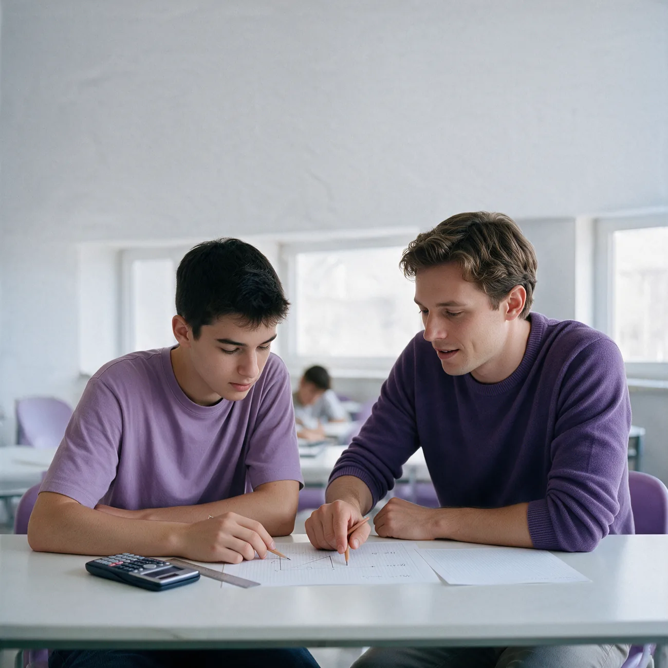 Docente explicando un ejercicio de Física a un estudiante que prepara el ingreso a la UTN