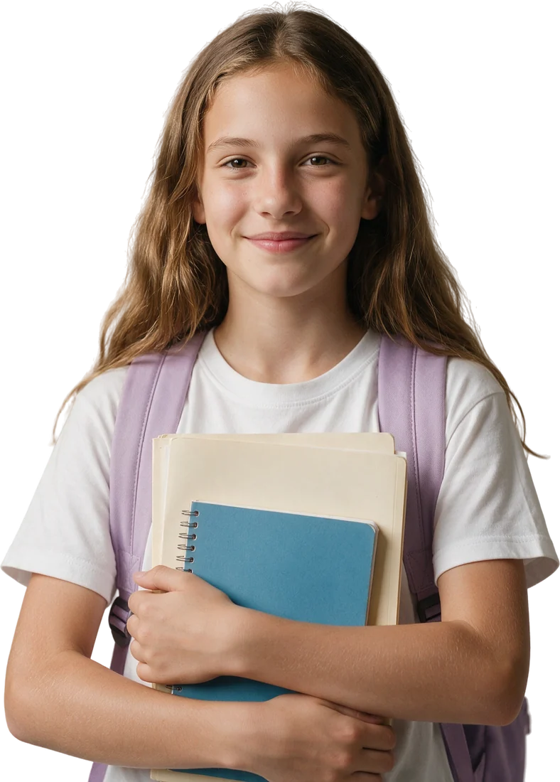 Alumna de 12 años con mochila y carpetas, a punto de empezar el secundario