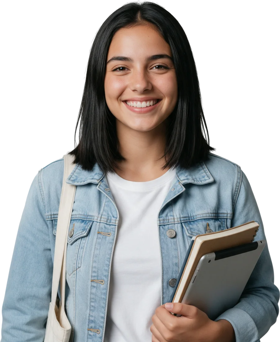 Estudiante con cuadernos y tableta